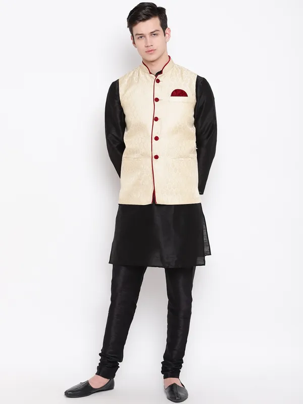 Black_Banarasi_Dupion_Kurta_With_Churidar_And_Waistcoat_Set_For_Men