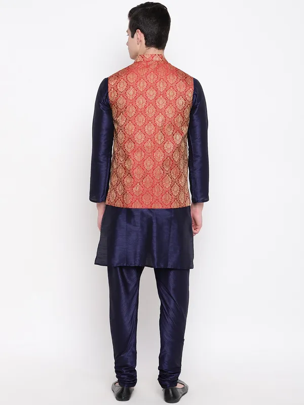 Navy_Blue_Banarasi_Dupion_Kurta_With_Churidar_And_Waistcoat_Set_For_Men