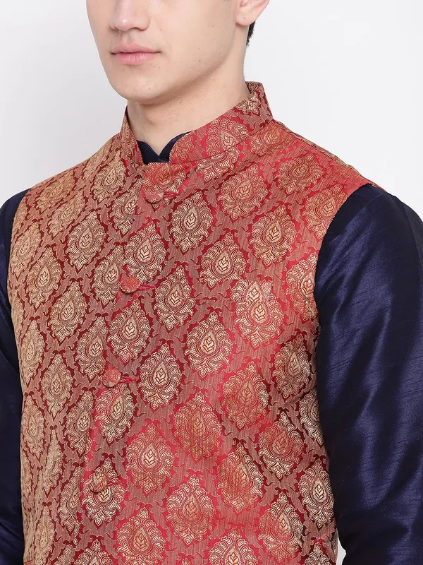 Navy_Blue_Banarasi_Dupion_Kurta_With_Churidar_And_Waistcoat_Set_For_Men