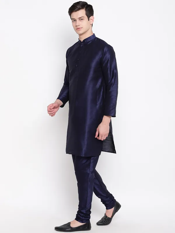 Navy_Blue_Banarasi_Dupion_Kurta_With_Churidar_And_Waistcoat_Set_For_Men