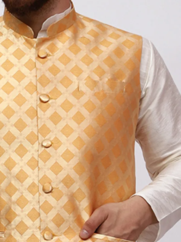 Cream_Banarasi_Dupion_Kurta_With_Box_Jacket_Set_For_Men