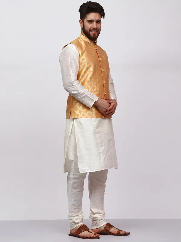 Cream_Banarasi_Dupion_Kurta_With_Box_Jacket_Set_For_Men