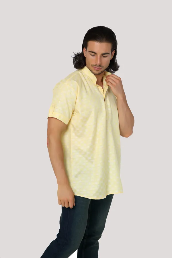 Yellow_Casual_Cotton_Check_Half_Sleeve_Short_Kurta_For_Men