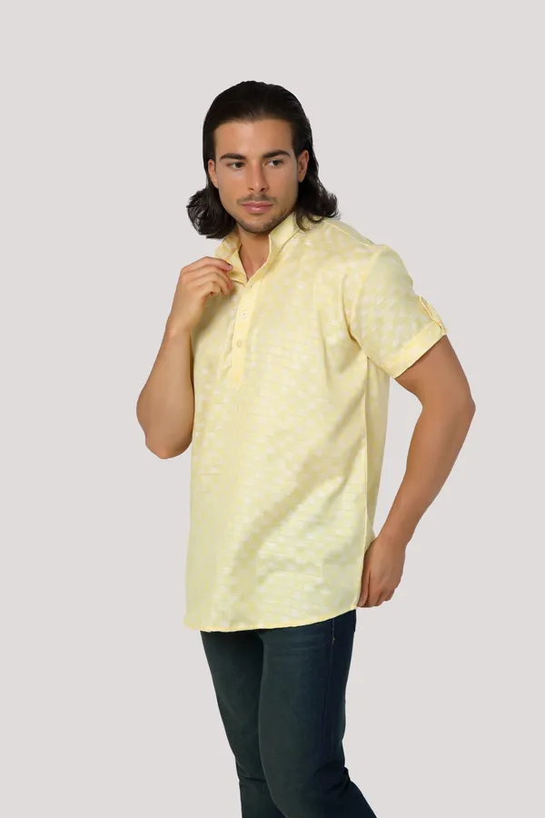 Yellow_Casual_Cotton_Check_Half_Sleeve_Short_Kurta_For_Men