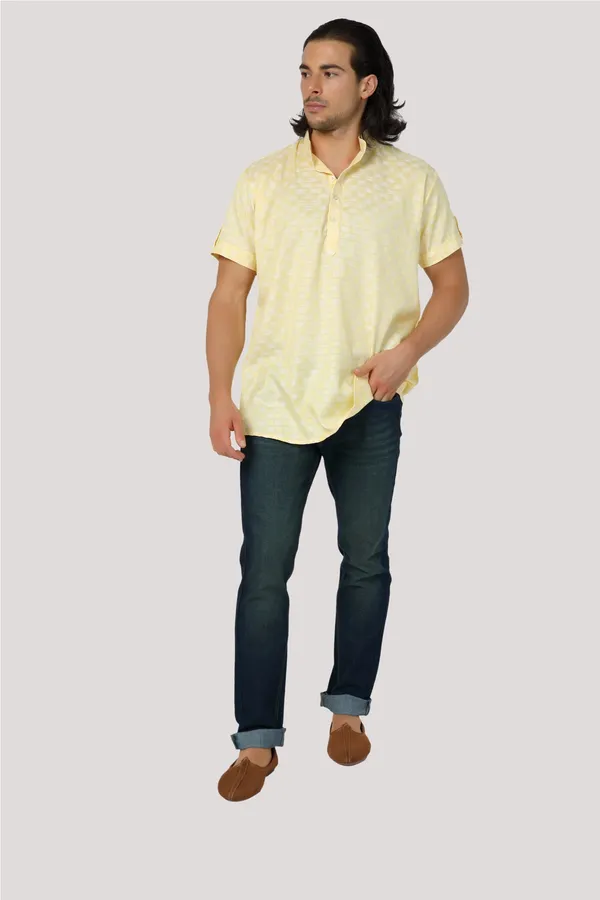 Yellow_Casual_Cotton_Check_Half_Sleeve_Short_Kurta_For_Men