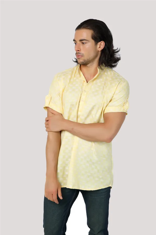 Yellow_Casual_Cotton_Check_Half_Sleeve_Short_Kurta_For_Men