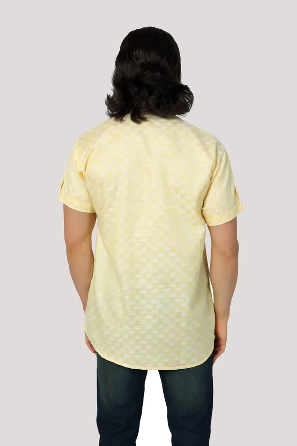 Yellow_Casual_Cotton_Check_Half_Sleeve_Short_Kurta_For_Men