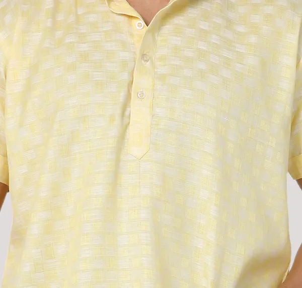 Yellow_Casual_Cotton_Check_Half_Sleeve_Short_Kurta_For_Men