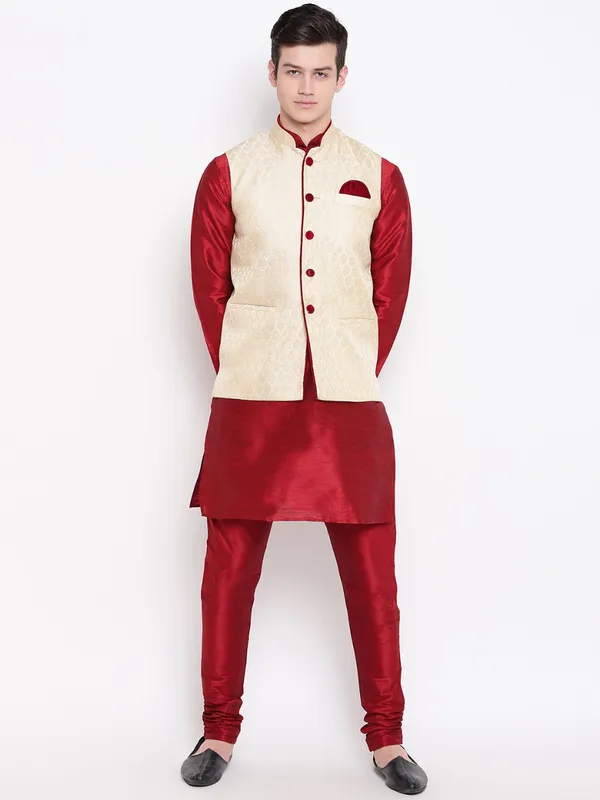 Red_Banarasi_Dupion_Kurta_With_Churidar_And_Waistcoat_Set_For_Men