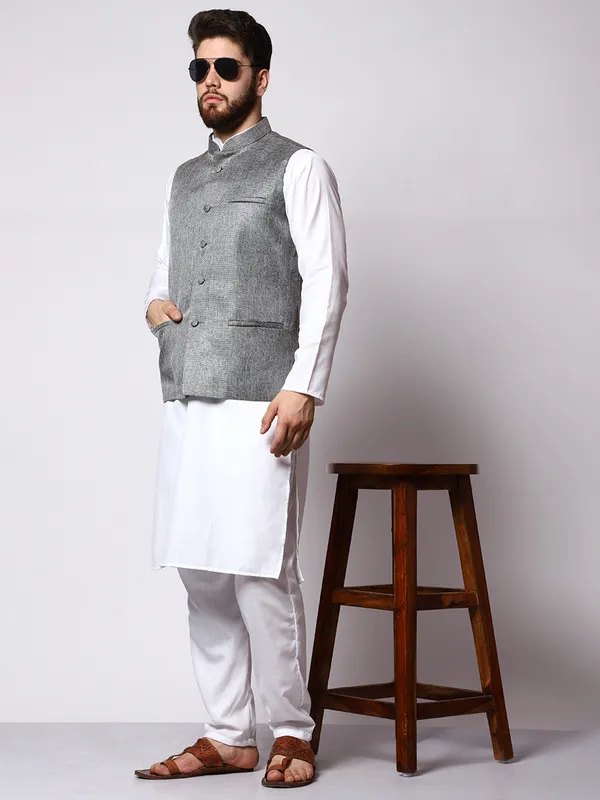 White_Cotton_Kurta_With_Jute_Waistcoat_Set_For_Men