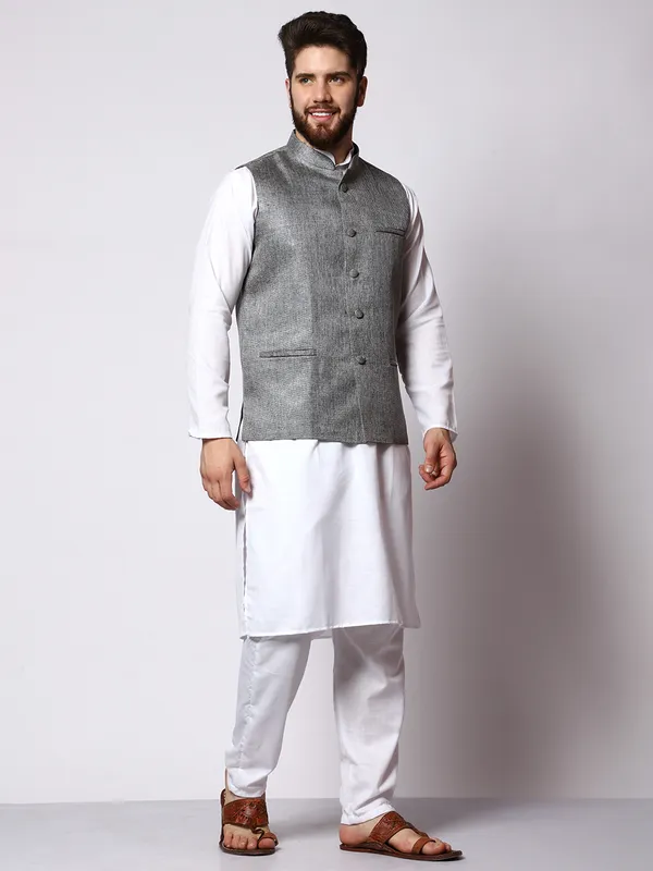 White_Cotton_Kurta_With_Jute_Waistcoat_Set_For_Men