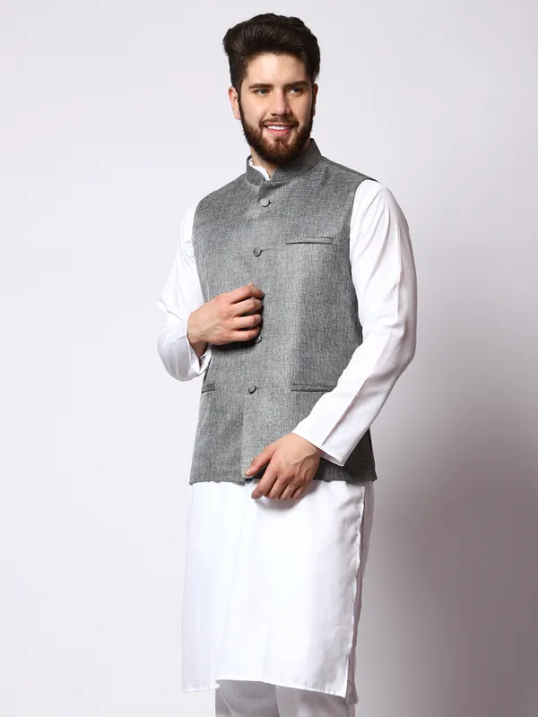 White_Cotton_Kurta_With_Jute_Waistcoat_Set_For_Men