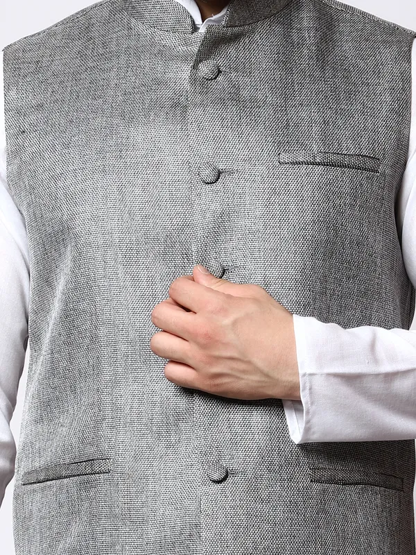 White_Cotton_Kurta_With_Jute_Waistcoat_Set_For_Men