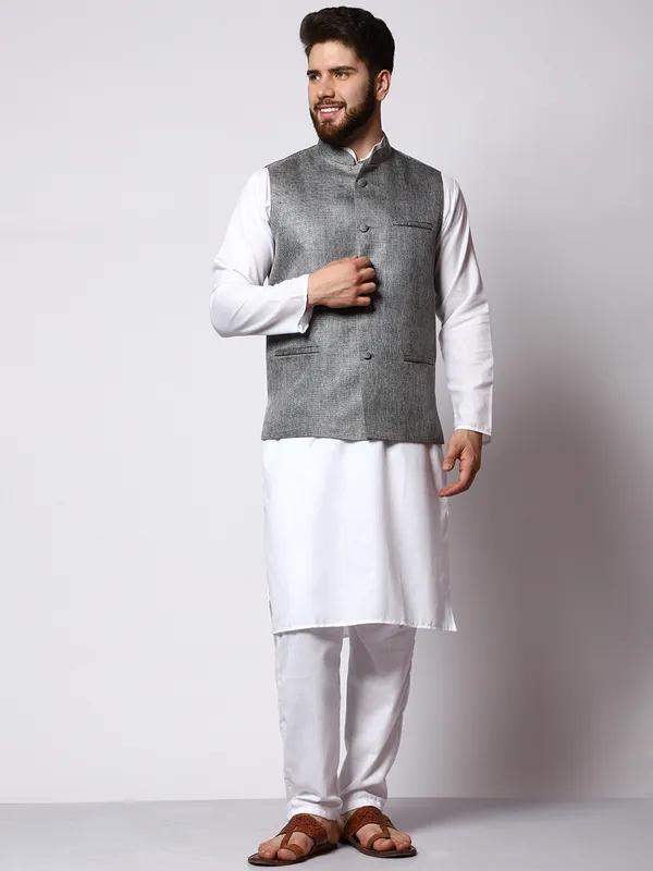 White_Cotton_Kurta_With_Jute_Waistcoat_Set_For_Men