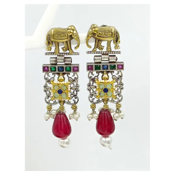 Antique_style_Silver_look_alike_Long_Fusion_Style_Earring_with_Paachi_Kundan_&_multicolor_stone,_Stylish_Fashionable_traditional_Earring_for_Women_&_Girls