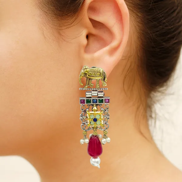 Antique_style_Silver_look_alike_Long_Fusion_Style_Earring_with_Paachi_Kundan_&_multicolor_stone,_Stylish_Fashionable_traditional_Earring_for_Women_&_Girls