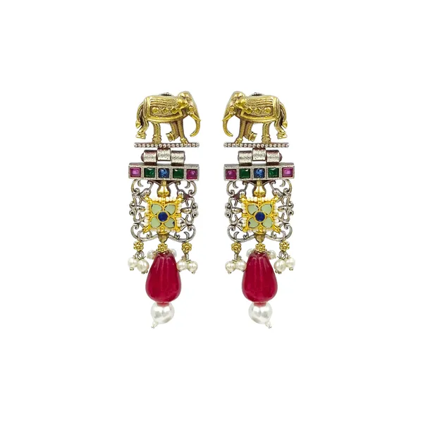 Antique_style_Silver_look_alike_Long_Fusion_Style_Earring_with_Paachi_Kundan_&_multicolor_stone,_Stylish_Fashionable_traditional_Earring_for_Women_&_Girls