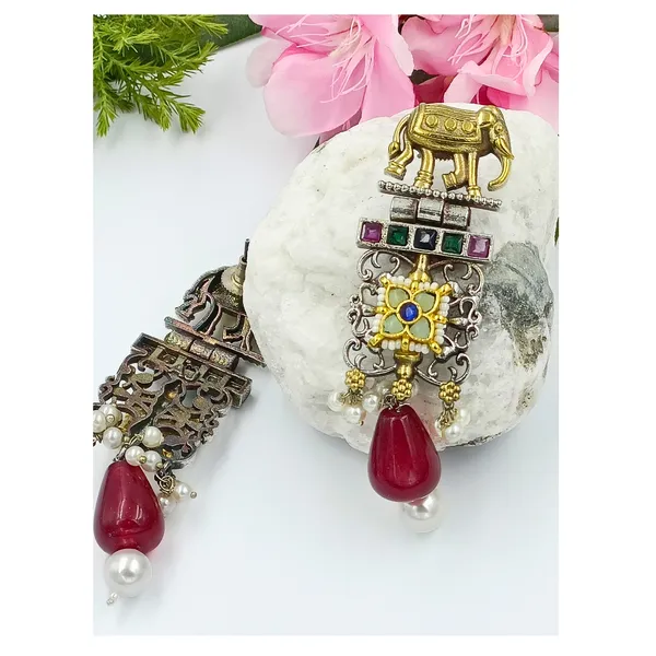 Antique_style_Silver_look_alike_Long_Fusion_Style_Earring_with_Paachi_Kundan_&_multicolor_stone,_Stylish_Fashionable_traditional_Earring_for_Women_&_Girls