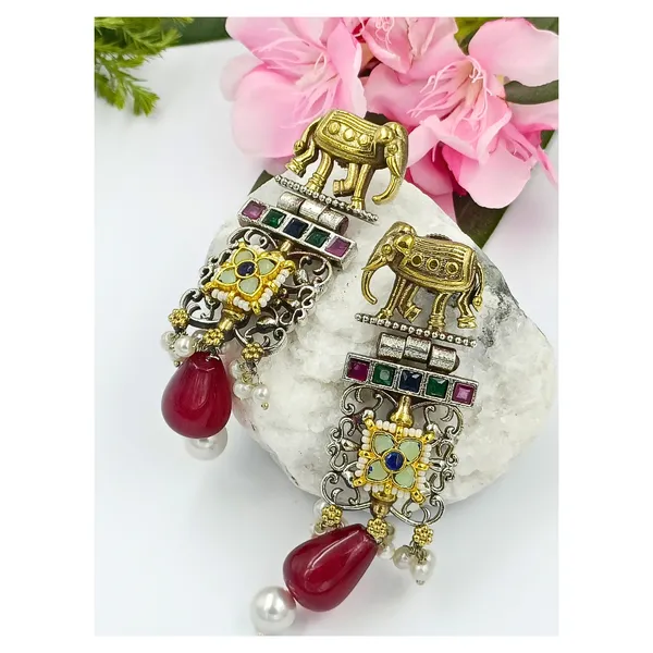 Antique_style_Silver_look_alike_Long_Fusion_Style_Earring_with_Paachi_Kundan_&_multicolor_stone,_Stylish_Fashionable_traditional_Earring_for_Women_&_Girls