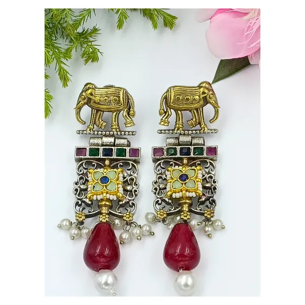 Antique_style_Silver_look_alike_Long_Fusion_Style_Earring_with_Paachi_Kundan_&_multicolor_stone,_Stylish_Fashionable_traditional_Earring_for_Women_&_Girls