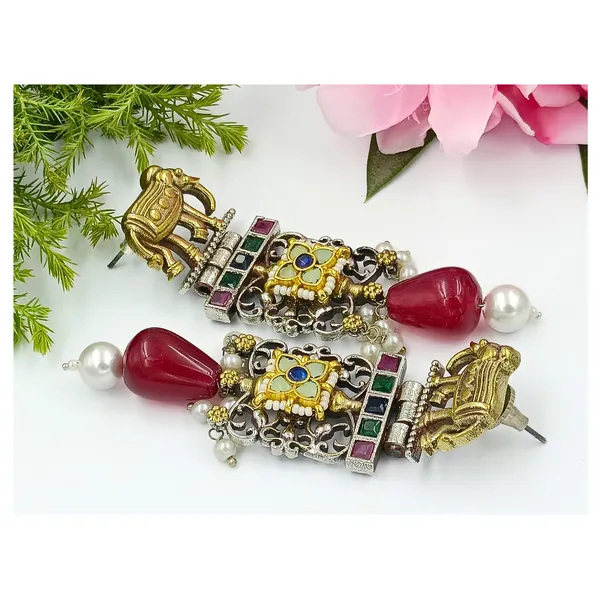 Antique_style_Silver_look_alike_Long_Fusion_Style_Earring_with_Paachi_Kundan_&_multicolor_stone,_Stylish_Fashionable_traditional_Earring_for_Women_&_Girls