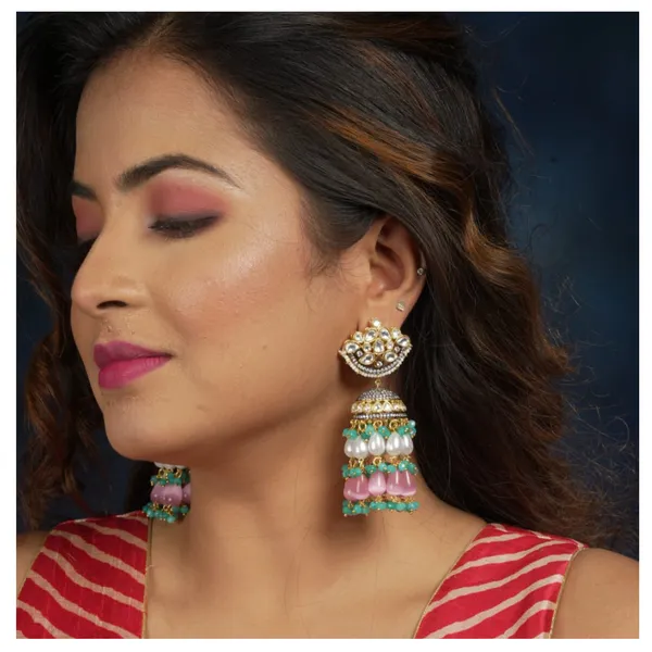 Luxurious_Premium_Quality_Kundan_Polki_Jhumka_with_Multi_colour_beads_for_Women,_Festive_wear,_Wedding_Jewellery
