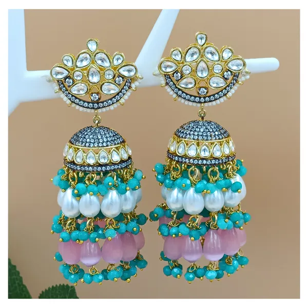 Luxurious_Premium_Quality_Kundan_Polki_Jhumka_with_Multi_colour_beads_for_Women,_Festive_wear,_Wedding_Jewellery