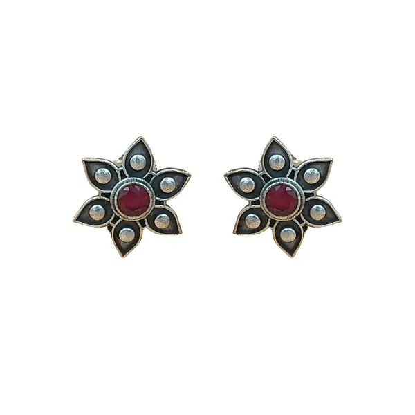 Red_Floral_Shape_Antique_Silver_Look_Alike_Oxidized_Stud_Studded_With_Red_Glass_Stone_For_Women_&_Girls