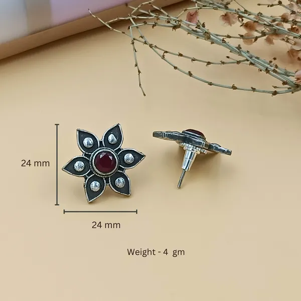 Red_Floral_Shape_Antique_Silver_Look_Alike_Oxidized_Stud_Studded_With_Red_Glass_Stone_For_Women_&_Girls