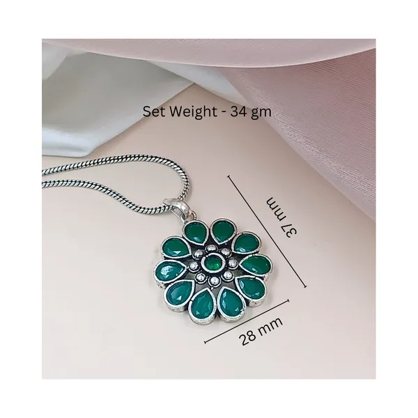 Green_Floral_Design_Oxidised_Pendant_Chain_Set_With_Earing_&_Ring_For_Women_&_Girls