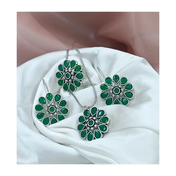 Green_Floral_Design_Oxidised_Pendant_Chain_Set_With_Earing_&_Ring_For_Women_&_Girls
