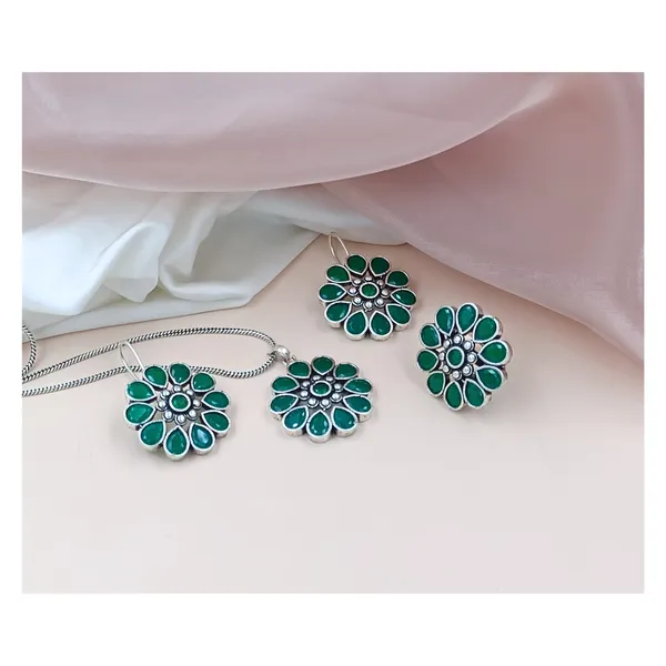 Green_Floral_Design_Oxidised_Pendant_Chain_Set_With_Earing_&_Ring_For_Women_&_Girls