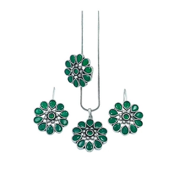 Green_Floral_Design_Oxidised_Pendant_Chain_Set_With_Earing_&_Ring_For_Women_&_Girls