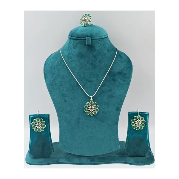 Green_Floral_Design_Oxidised_Pendant_Chain_Set_With_Earing_&_Ring_For_Women_&_Girls