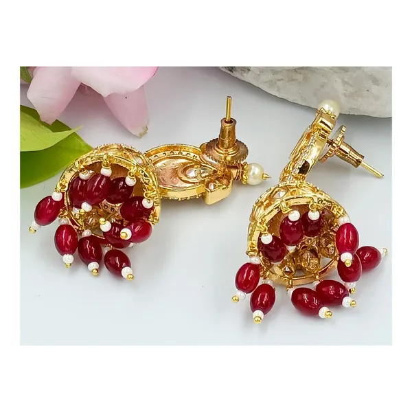 Red_Hand_Made_Traditional_Style_Kundan_Jhumka_With_Red_Colour_Beads_For_Women_&_Girls