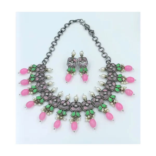 Pink_&__Green_Stunning_Pink_&_Green_Oxidized_Bridal_Necklace_Set_For_Women_&_Girls