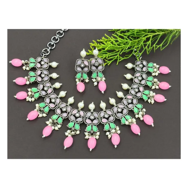 Pink_&__Green_Stunning_Pink_&_Green_Oxidized_Bridal_Necklace_Set_For_Women_&_Girls