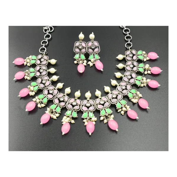 Pink_&__Green_Stunning_Pink_&_Green_Oxidized_Bridal_Necklace_Set_For_Women_&_Girls