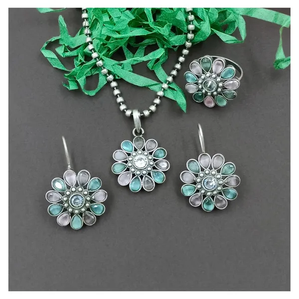 Floral_design_Mint_&_Pink_synthetic_stone_Oxidized_Necklace_set_with_Earring_&_Finger_Ring_for_women_&_girls