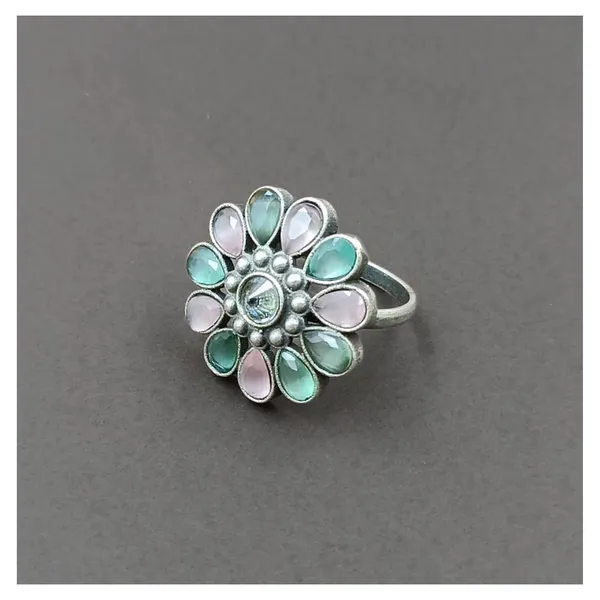 Floral_design_Mint_&_Pink_synthetic_stone_Oxidized_Necklace_set_with_Earring_&_Finger_Ring_for_women_&_girls