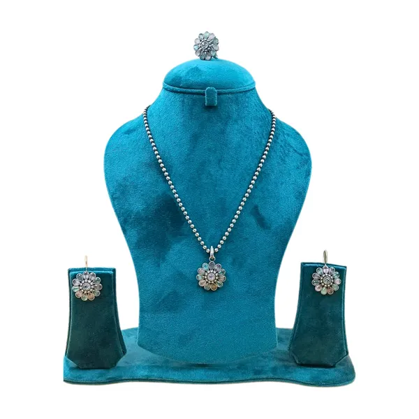 Floral_design_Mint_&_Pink_synthetic_stone_Oxidized_Necklace_set_with_Earring_&_Finger_Ring_for_women_&_girls