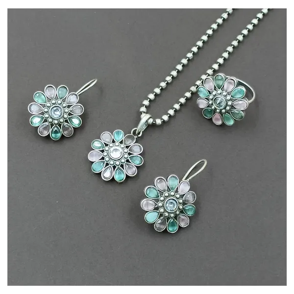 Floral_design_Mint_&_Pink_synthetic_stone_Oxidized_Necklace_set_with_Earring_&_Finger_Ring_for_women_&_girls