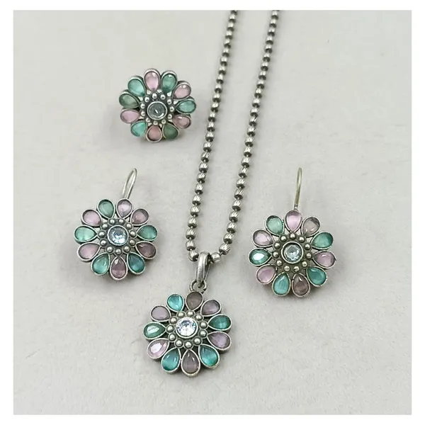 Floral_design_Mint_&_Pink_synthetic_stone_Oxidized_Necklace_set_with_Earring_&_Finger_Ring_for_women_&_girls