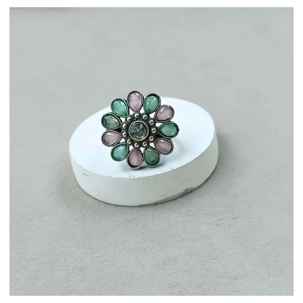 Floral_design_Mint_&_Pink_synthetic_stone_Oxidized_Necklace_set_with_Earring_&_Finger_Ring_for_women_&_girls