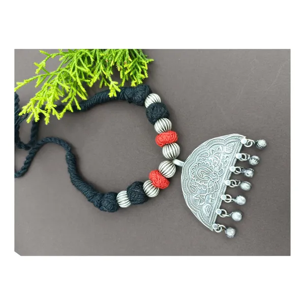 Banjara_Style_Silver_Look_Alike_Necklace_with_cotton_Red_&_Black_Strand_for_Women_&_Girls