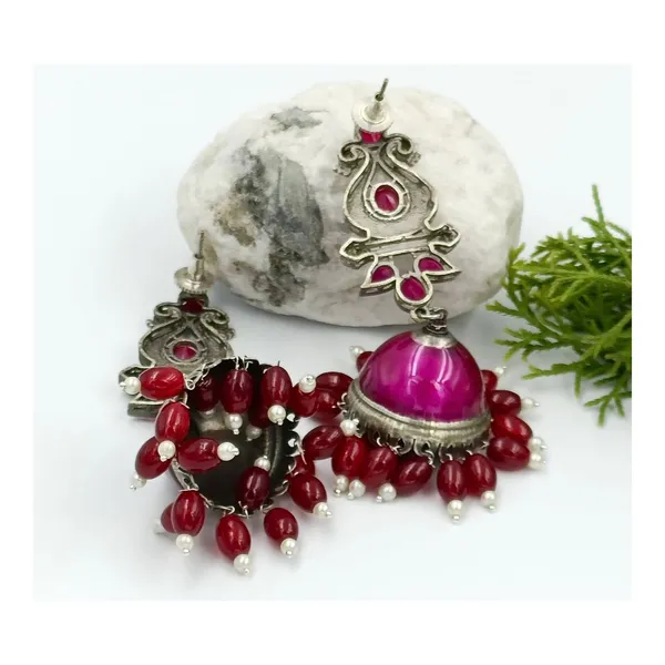 Purple_Colour_Hand_Painted_With_Pink_Beads_Silver_Look_Alike_Oxidise_Long_Jhumka_For_Women_&_Girls