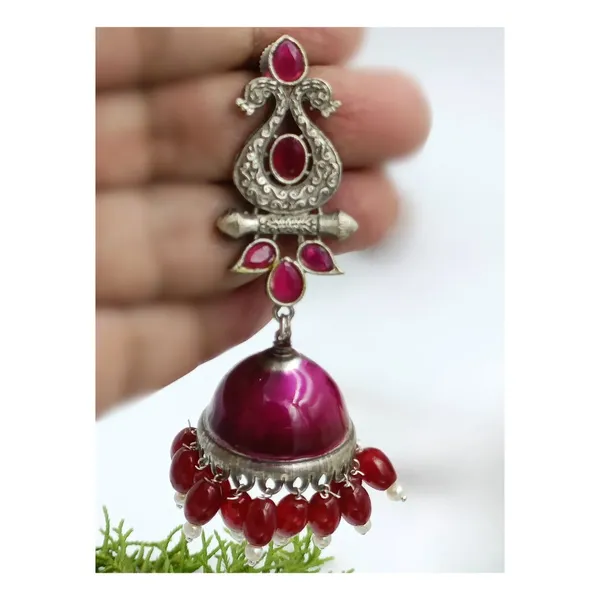 Purple_Colour_Hand_Painted_With_Pink_Beads_Silver_Look_Alike_Oxidise_Long_Jhumka_For_Women_&_Girls