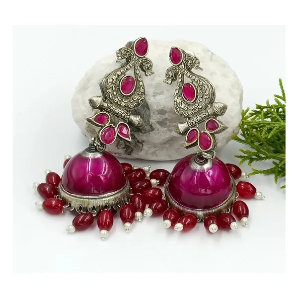 Purple_Colour_Hand_Painted_With_Pink_Beads_Silver_Look_Alike_Oxidise_Long_Jhumka_For_Women_&_Girls