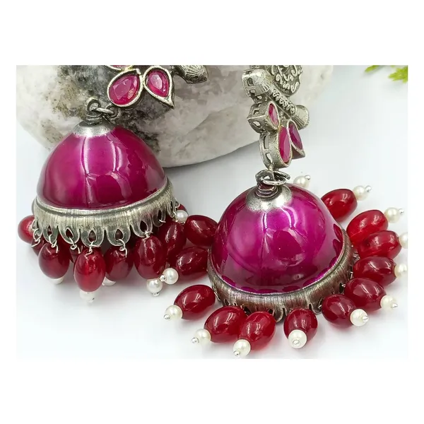 Purple_Colour_Hand_Painted_With_Pink_Beads_Silver_Look_Alike_Oxidise_Long_Jhumka_For_Women_&_Girls