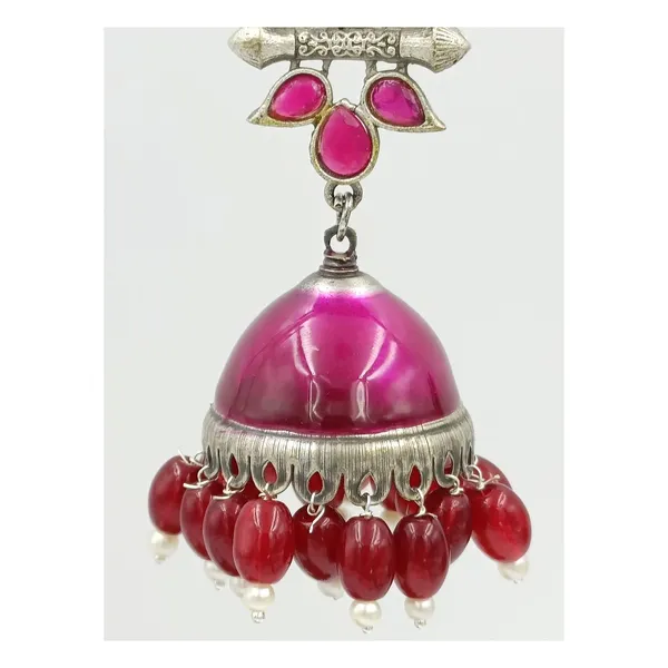 Purple_Colour_Hand_Painted_With_Pink_Beads_Silver_Look_Alike_Oxidise_Long_Jhumka_For_Women_&_Girls